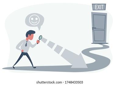 Un hombre con una lupa está buscando una salida. Buscando el concepto de ganancia. Ilustración vectorial, diseño moderno de estilo empresarial blanco y gris minimalista.