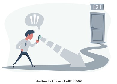 Der Mensch mit Lupe sucht nach einem Ausweg. Suche nach dem Gewinnkonzept. Vektorgrafik, Minimalweißgraues, flaches Business-Stil, modernes Design.