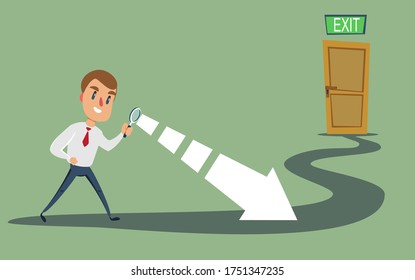 Man with a magnifier is looking for a way out. Searching for the profit concept. Vector illustration, Minimalist white gray flat business style modern design.