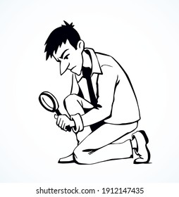 Un hombre con una lupa está buscando malezas. Dibujo de vectores