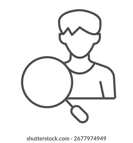 Hombre con el icono delgado de la línea de la lupa, concepto del reclutamiento. Gráficos de Vector. Hombre joven y lupa, muestra de perfil sobre fondo blanco, icono de estilo de contorno para móvil o Diseño web