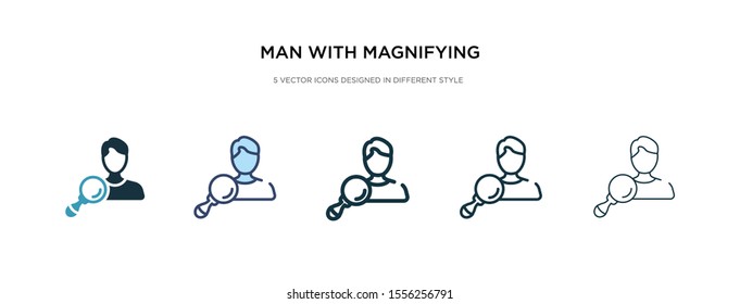man with magnifying flass icon in different style vector illustration. two colored and black man with magnifying flass vector icons designed in filled, outline, line and stroke style can be used for