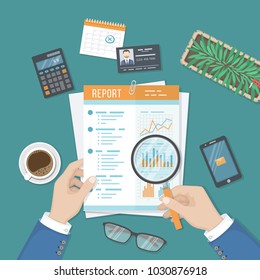 Man with magnifying glass analyzes report, paper document with graphs and diagrams. Research, planning, analysis.  Desk, calculator, business card, phone, glasses, calendar. View from above Vector