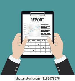 Man with magnifying glass analyzes report, paper document with graphs and diagrams. Research, planning, analysis. Desk, calculator, business card, phone, glasses, calendar. View from above Vector