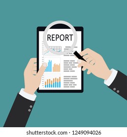 Man with magnifying glass analyzes report, paper document with graphs and diagrams. Research, planning, analysis. Desk, calculator, business card, phone, glasses, calendar. View from above