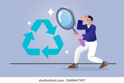 Man with Magnifying Glass Analyzing Recycling Symbol. Flat vector illustration of a person holding magnifying glass examining recycling symbol. 