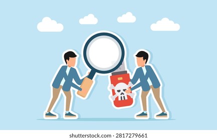 Man With Magnifying Glass And Another With Flashdisk Skull Icon Illustration Scanning Virus To Protect Computer And Application