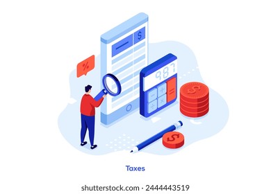 Hombre con lupa revisando informe financiero en teléfono móvil. Ilustración vectorial isométrica del concepto de impuestos. Empresario calculando el porcentaje de impuestos Caricatura personaje color composición