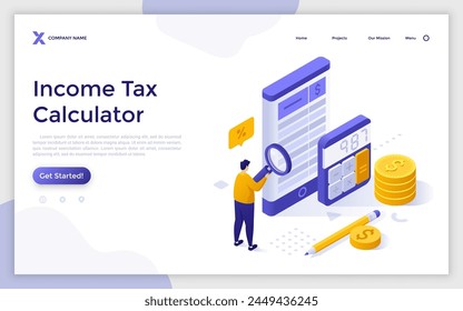 Man with magnifying glass checking financial report in mobile phone. Landing page for taxes concept. Isometric vector illustration. Entrepreneur calculating taxation percentage 3d composition