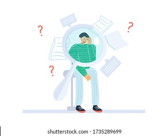 Un hombre con lupa comprueba los datos. Muchas preguntas.  Concepto de verificación de datos. Ilustración vectorial plana en estilo de dibujos animados, aislada en fondo blanco