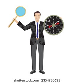 Man with magnifying glass and compass. Isolated. Vector illustration.