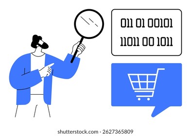 Man with magnifying glass examining binary code. Blue speech bubble with shopping cart icon. Ideal for e-commerce, digital marketing, data analysis, online shopping, cybersecurity, IT services