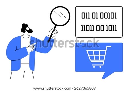 Man with magnifying glass examining binary code. Blue speech bubble with shopping cart icon. Ideal for e-commerce, digital marketing, data analysis, online shopping, cybersecurity, IT services