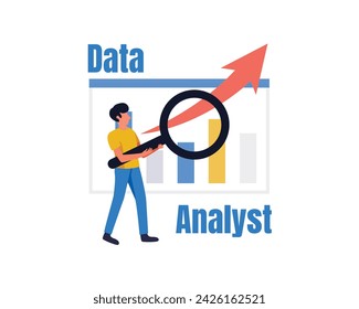 Man with magnifying glass. Flat vector business people working for data analytics and monitoring on web report dashboard monitor and business finance investment concept