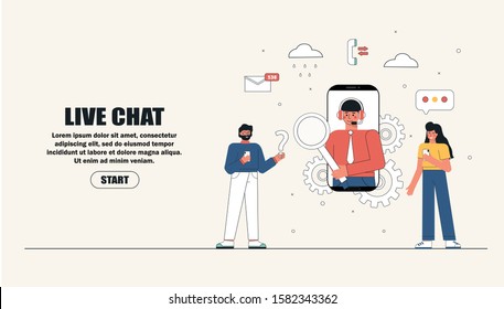 Man with magnifying glass helpline operator calling with client. Online global technical support 24/7. Concept vector illustration for call center, live chat assistance, landing page.