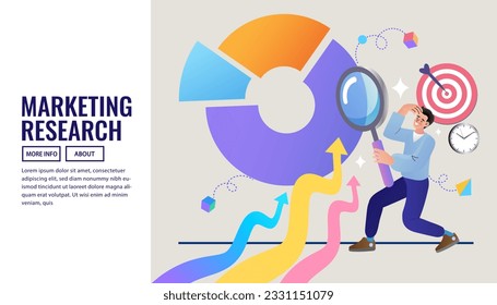 Man with magnifying glass look at graphs. Data analysis and business information research solution concept with "analytics" Management and marketing concept. stock valuation. vector