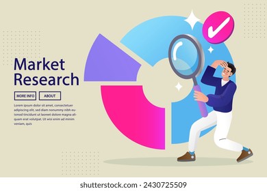 Hombre con lupa mira los gráficos. Análisis de datos e información de negocios concepto de solución de investigación con "analítica" Concepto de gestión y comercialización. Valoración de acciones. ilustración vectorial.