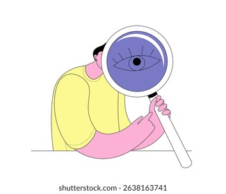 A man with a magnifying glass is looking for something. Vector illustration. Icon for marking pages on the topic of searching for the necessary information. cartoon style