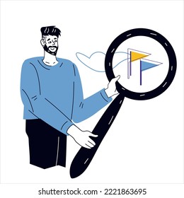 Man with magnifying glass as metaphor of search, research and looking for information, cartoon flat vector isolated illustration on white. Search, find, analyze and looking for best employee.
