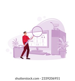Man with magnifying glass on a computer background with an online shopping website screen. Trend Modern vector flat illustration
