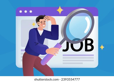 Man with magnifying glass on search box. search engine optimization in a browser window. finding present on internet. Find business information. vector illustration flat design style.