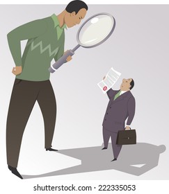 Man with a magnifying glass reading the fine print on a document, vector cartoon
