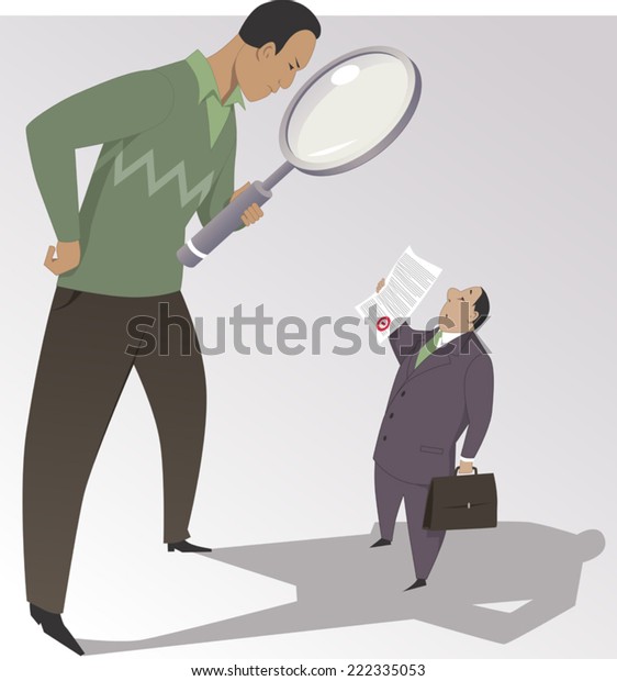 Man with a magnifying glass reading the\
fine print on a document, vector\
cartoon