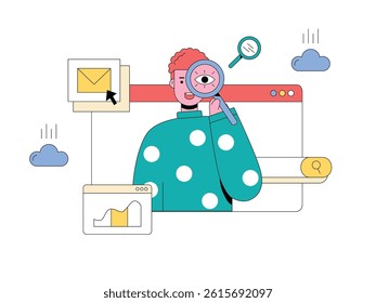 Man with magnifying glass, Search Engine Optimization process. Design character. Vector flat illustration