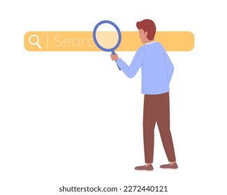 Man with magnifying glass searching on internet flat concept vector spot illustration. Editable 2D cartoon character on white for web design. SEO creative idea for website, mobile, magazine