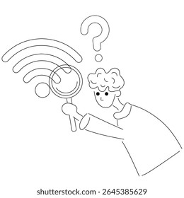 Man with magnifying glass searching for Wi-Fi. Internet and technology. Connecting to the network. Vector man and Wi-Fi icon