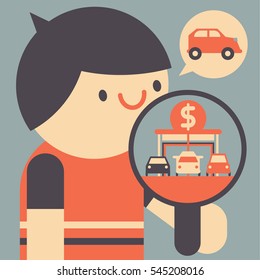 A man with a magnifying glass selects between three cars
