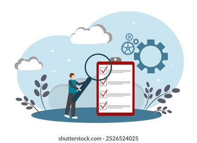 A man with a magnifying glass takes notes. Planning and scheduling concept.