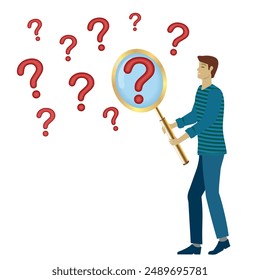 Man with magnifying glass trying to solve questions. Isolated. Vector illustration.