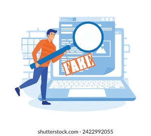  Man with magnifying glass verify fake news on website on computer. flat vector modern illustration 