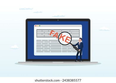 Man with magnifying glass verify fake news on website on computer, fake news or false information spreading on website and social media, screening or verify truth before sharing or believe (Vector)