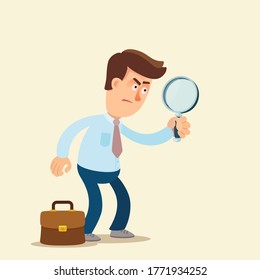 A man with magnifying glasses in his hand is examining something very carefully. An expert with magnify, researches, expertise. Vector illustration, flat design, cartoon style, isolated background.