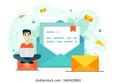 Man, mail, laptop, chat. Workflow, a new e-mail message, a notification in the mail. Social network, new incoming message sms spam