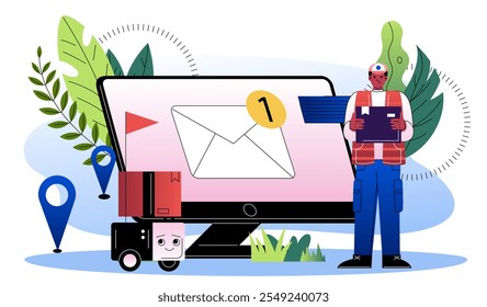 Man with mail service. Young guy with email receiving message. International business communication. Advertising and marketing on internet. Flat vector illustration isolated on white background