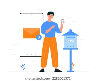 Man at mail. Young guy standing near mailbox with letter. Remote communication and correspondence. Sending post letter service