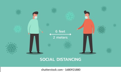 man maintain social distancing concept to prevent from virus spreading and infection, flat vector illustration