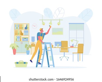 Man From Maintenance Staff Changes Lamp In Office. Man In Overalls Is Engaged In Improvement Workplace Company Employees. To Reach Chandelier He Uses Step Ladder, Next To Him Is Tool Box.