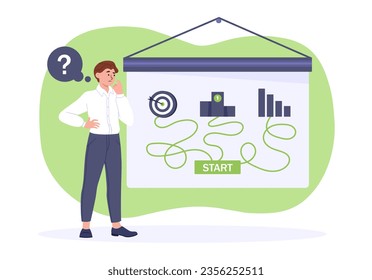 Man make choice concept. Young guy try to find solution and decision. Entrepreneur and businessman. Logical thinking and awareness. Strategy and planning. Cartoon flat vector illustration