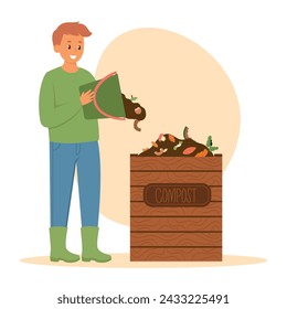 Man make compost.  Compost bin with pile of zero waste concept. People sorting organic garbage. Vector illustrations in flat style