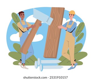 Man make floor. Handyman with large hammer and wooden plate. Repair and renovation at home. Construction industry and occupation. Flat vector illustration isolated on white background