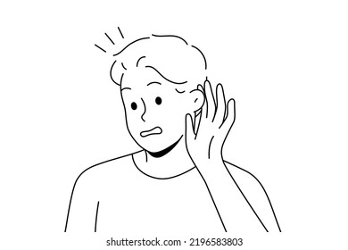 Man make hand gesture hearing gossip or rumor. Frustrated male listening to hidden or secret information. Vector illustration. 