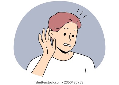 Man make hand gesture hearing gossip or rumor. Frustrated male listening to hidden or secret information. Vector illustration.