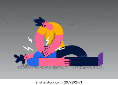 El hombre hace masaje cardíaco a la víctima tumbada en el suelo que sufre de un ataque cardíaco. Ayudante masculino hace resucitación de primeros auxilios. Atención médica y emergencia. Formación para salvar vidas. Ilustración vectorial plana. 