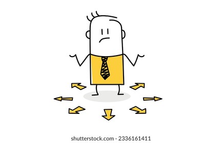 Man make life decision choice, confused businessman choosing direction. Stick figure. Doodle style. Vector illustration.