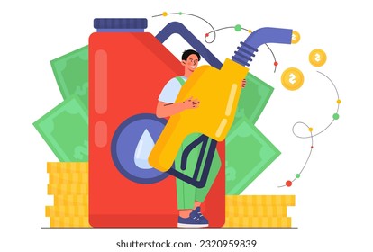 Man make money for gasoline concept. Gas station worker with fuel on background of banknotes and gold coins. Young guy selling oil and high price fuel. Cartoon flat vector illustration