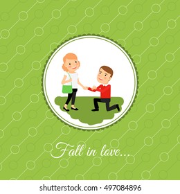 Man make a proposal to marry, valintines day card template with green background. Vector illustration